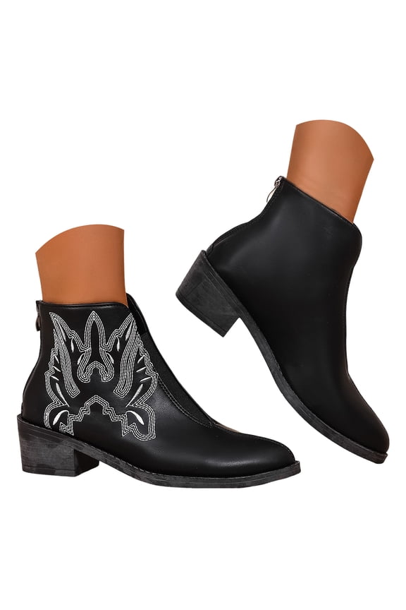 Women's V Cut Out Ankle Boots Embroidery Slip on Western Booties Chunky Stacked Heel Dress Shoes