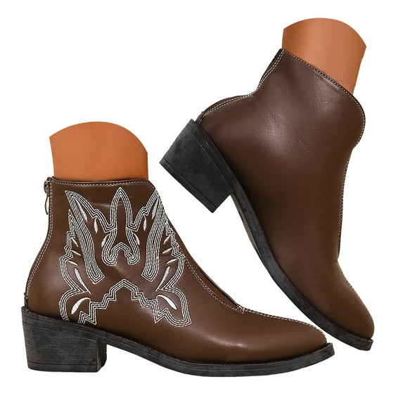 Mepaouo Women's V Cut Out Ankle Boots Embroidery Slip on Western Booties Chunky Stacked Heel Dress Shoes
