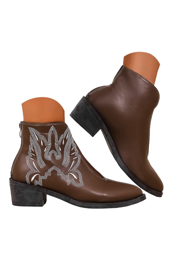 Women's V Cut Out Ankle Boots Embroidery Slip on Western Booties Chunky Stacked Heel Dress Shoes