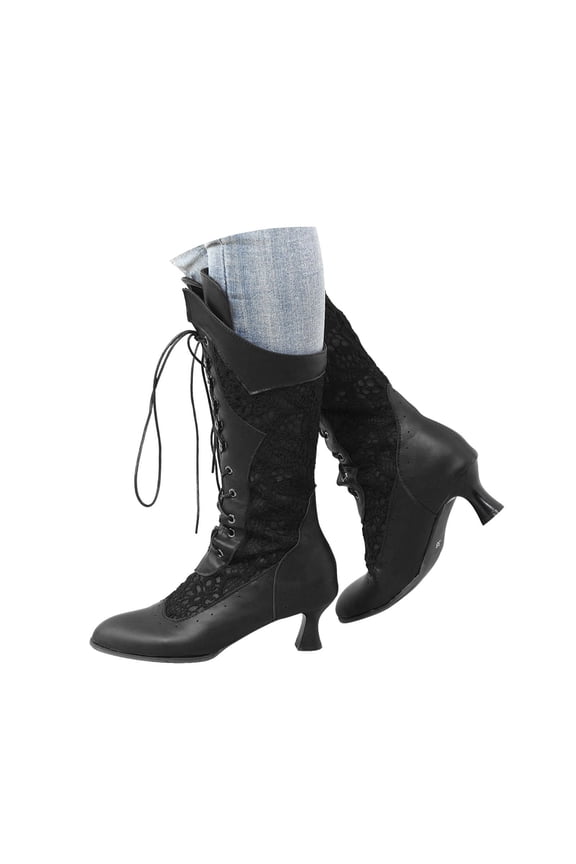 Women's Vintage 70s Victorian Boots Lace up Wedding Bride Cutout Knee High Boots(Black,7.5)