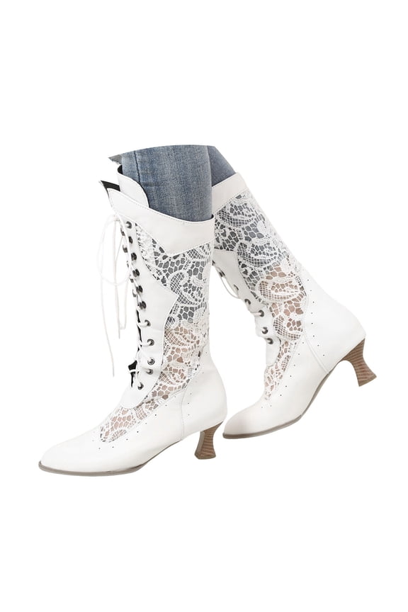 Women's Vintage 70s Victorian Boots Lace up Wedding Bride Cutout Knee High Boots(White,7.5)
