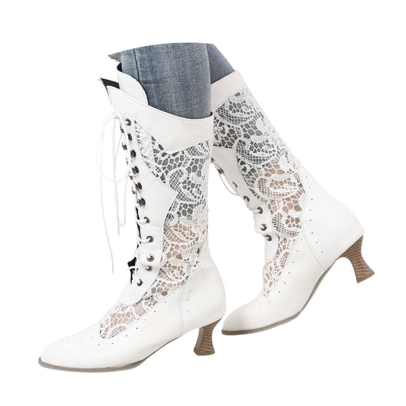 Mepaouo Women's Vintage 70s Victorian Boots Lace up Wedding Bride Cutout Knee High Boots(White,7)