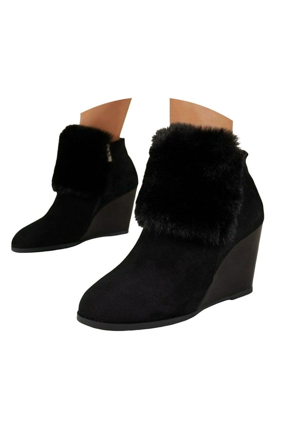 Women's Wedge Ankle Boots Platform Plush Suede Winter Dress Booties for Evening Prom(Black,5.5)