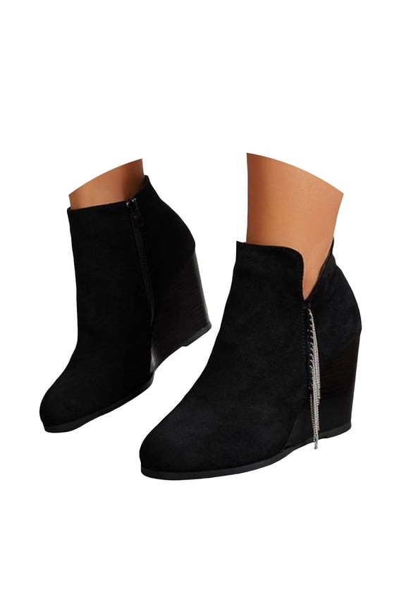 Women's Wedge Ankle Boots Side Tassels Suede Casual Fall Heel Walking Dress Booties(Black,5.5)