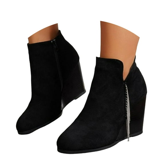 Mepaouo Women's Wedge Ankle Boots Side Tassels Suede Casual Fall Heel Walking Dress Booties(Black,8.5)