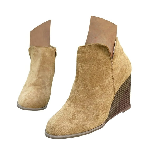 Mepaouo Women's Wedge Ankle Boots Stacked Mid Heel Western Suede Dress Booties for Women