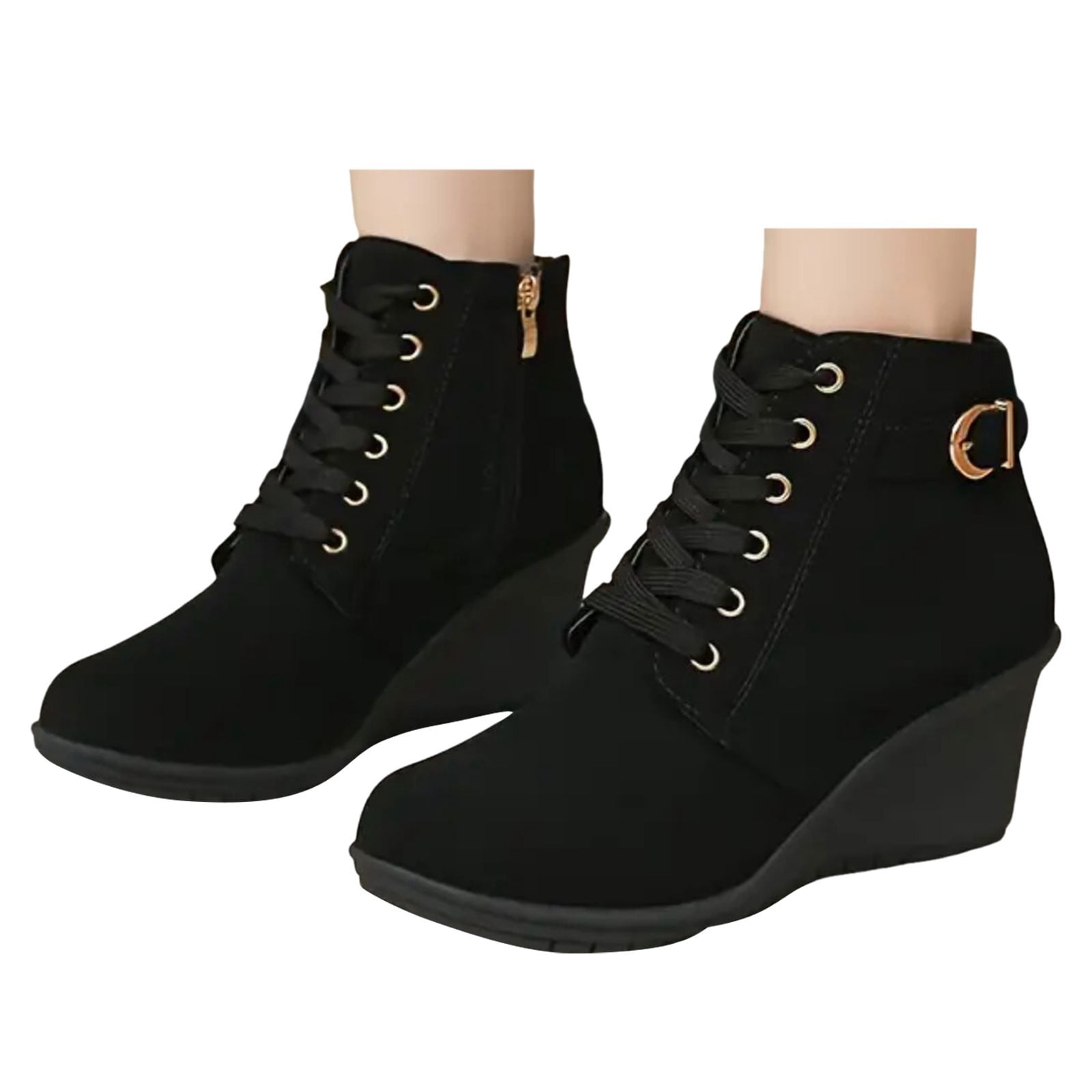 womens wedge dress boots Mepaouo Women's Wedge Boots Casual Fashion Lace up Walking Dress Ankle Booties for Women(Black,7.5)