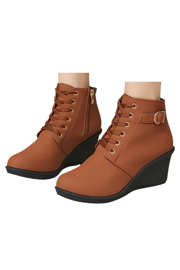 Women's Wedge Boots Casual Fashion Lace up Walking Dress Ankle Booties for Women(Brown,6)