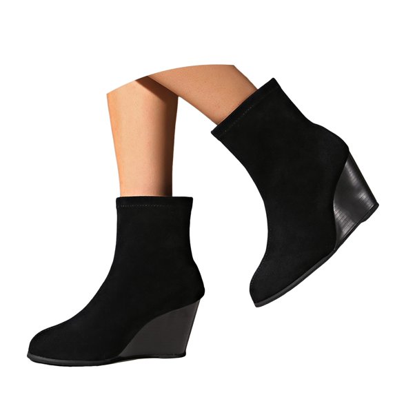 Mepaouo Women's Wedge Boots Suede Embroidery Sock Slip on Ankle Dress Booties with Low Wedges