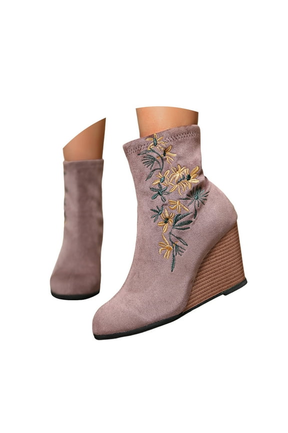 Women's Wedge Boots Suede Embroidery Sock Slip on Ankle Dress Booties with Low Wedges