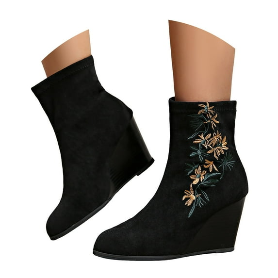 Mepaouo Women's Wedge Boots Suede Embroidery Sock Slip on Ankle Dress Booties with Low Wedges