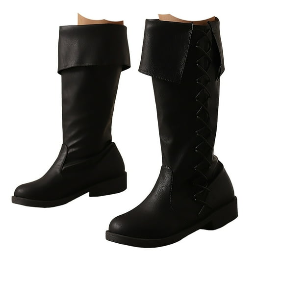 Mepaouo Women's Western Cowboy Boots Plus Size Round Toe Cowgirl Winter Riding Mid Calf Boots(Black,7)