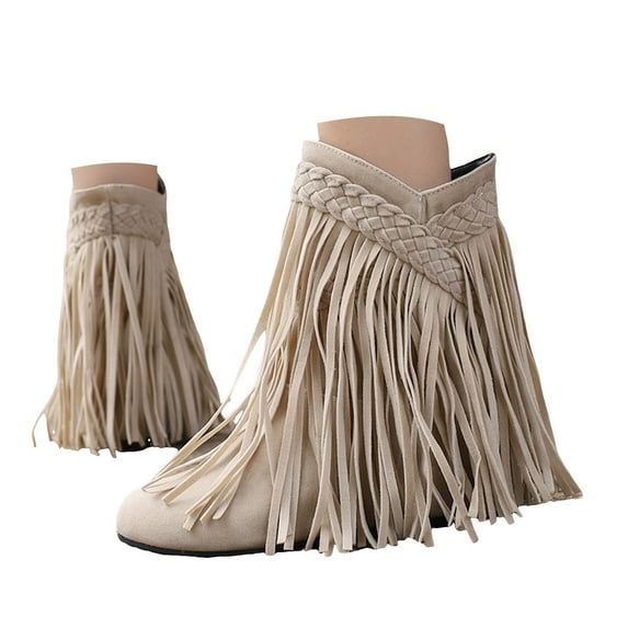 Mepaouo Women's Western Cowboy Cowgirl Boots Fringe Tassel Block Heel Ankle Boots Suede Riding Shoes