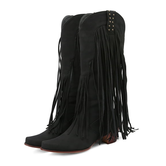 Mepaouo Women's Western Cowboy Cowgirl Boots Fringe Tassel Knee High Boots Pull on Fall Winter Shoes