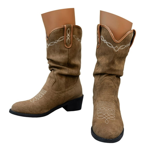 Mepaouo Women's Western Mid Calf Boots Round Toe Slouchy Flat Riding Booties Suede Winter Fall Dress Shoes