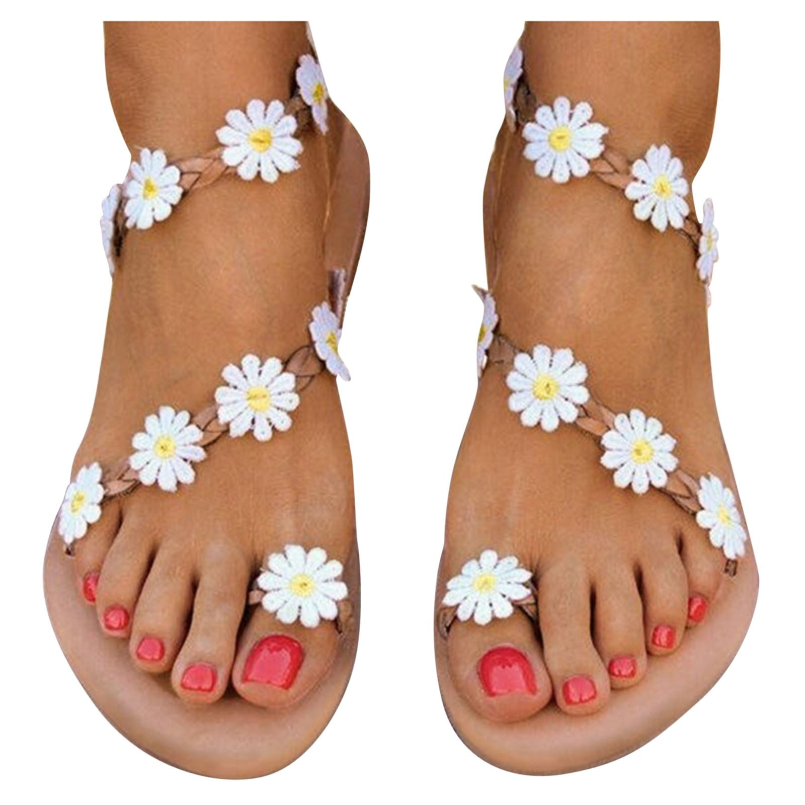 Mepaouo Women's White Flowers Strappy Flip Flop Toe Ring Boho