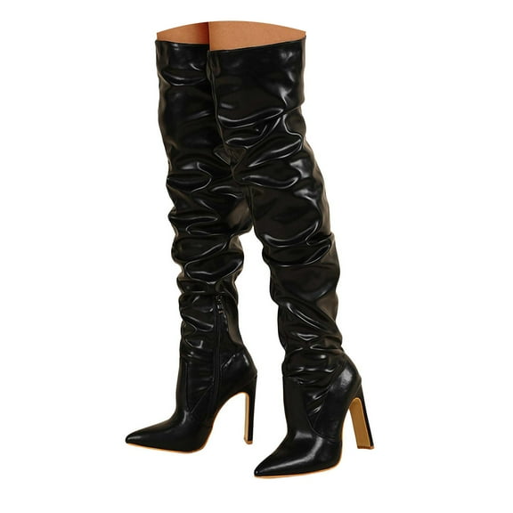 Mepaouo Women's Wide Calf Thigh High Heeled Boots Stretch Stiletto Pointed Toe Pull on Long Boots