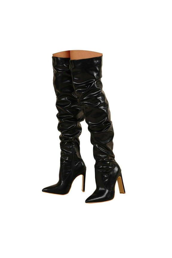 Women's Wide Calf Thigh High Heeled Boots Stretch Stiletto Pointed Toe Pull on Long Boots