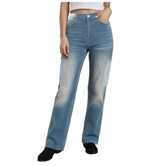 Mepaouo Women's Wide Leg Jeans Casual High Waisted Stretch Baggy Loose Denim Pants(Blue,L)