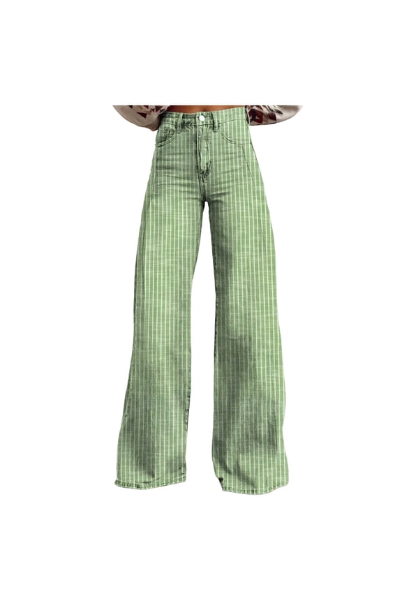 Women's Wide Leg Jeans Stripe Casual Denim Pants Baggy High Waisted Boyfriend Trousers(Green,L)