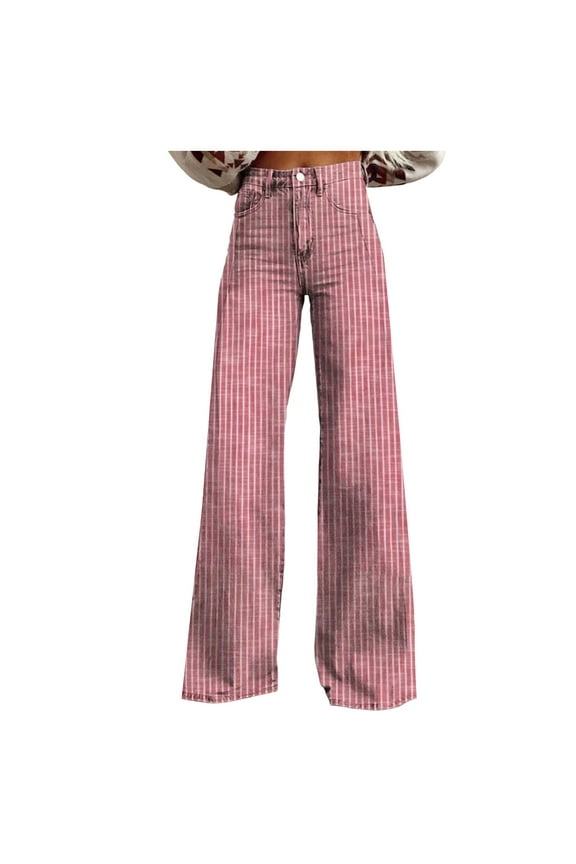 Women's Wide Leg Jeans Stripe Casual Denim Pants Baggy High Waisted Boyfriend Trousers(Pink,S)