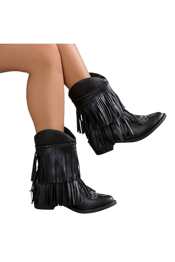 Women's Wide Mid Calf Boots Pointed Toe Fringe Western Cowboy Boots Tassel Ankle Booties(Black,8.5)