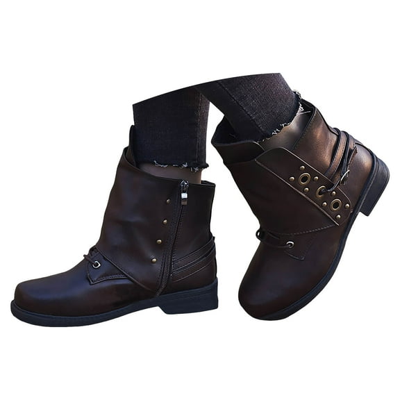 Mepaouo Womens Ankle Boots Combat Riding Military Short Booties Vintage Mid Calf Motorcycle Boots