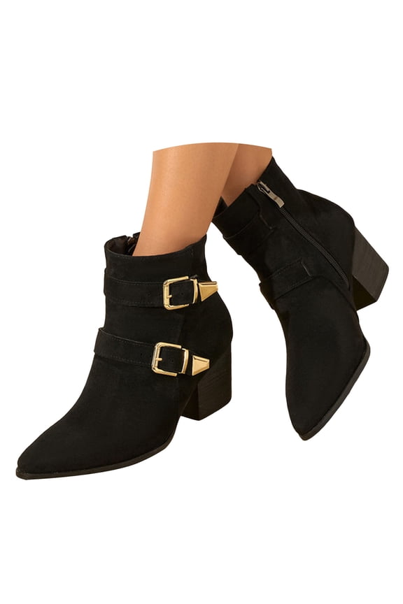 Womens Ankle Boots Pointed Toe Chunky Mid Heeled Booties Suede Buckles Winter Dress Pumps