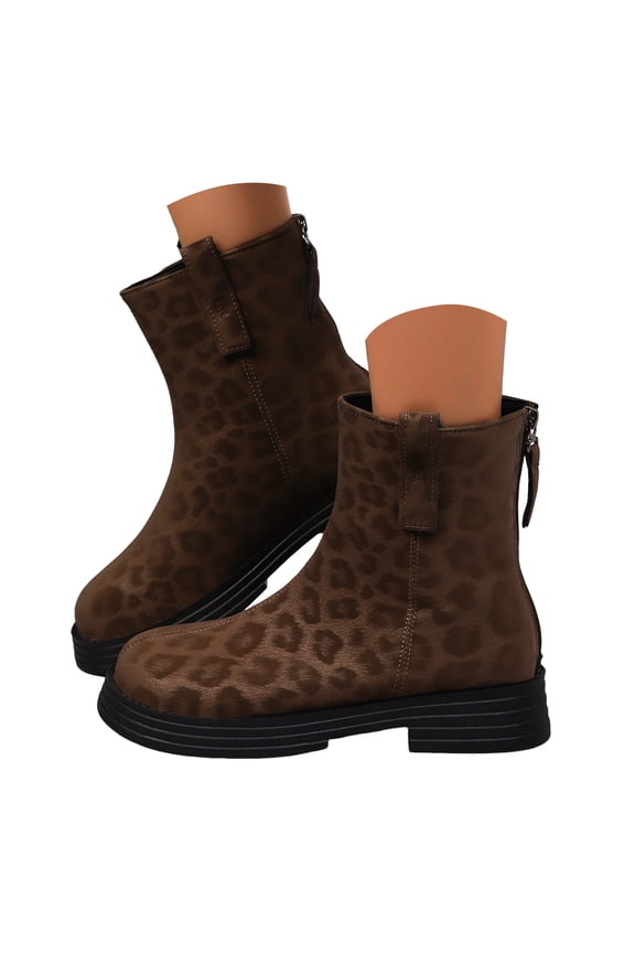 Womens Ankle Boots Square Toe Leopard Chelsea Slip on Booties Ladies Winter Combat Dress Boot