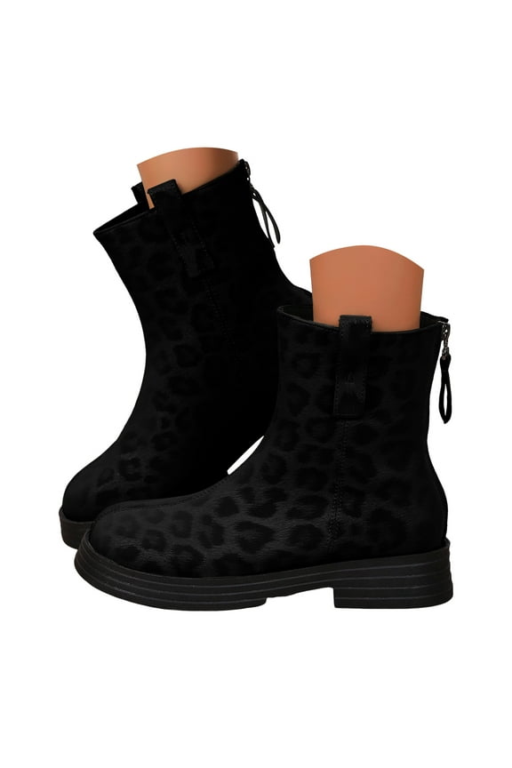 Womens Ankle Boots Square Toe Leopard Chelsea Slip on Booties Ladies Winter Combat Dress Boot