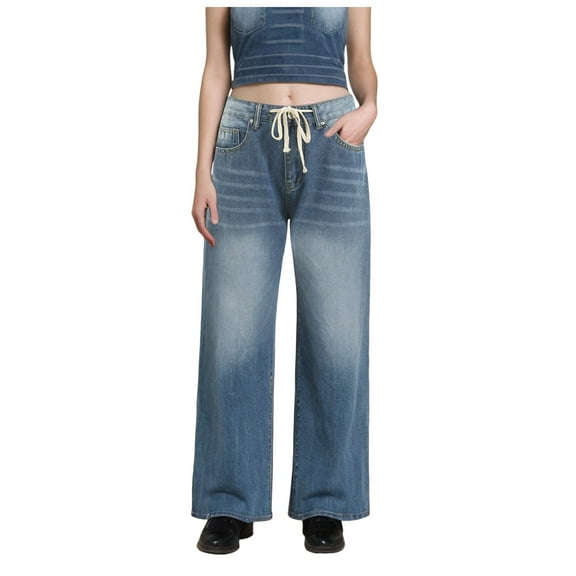 Mepaouo Womens Baggy Wide Leg Jeans Boyfriend Drawstring High Waisted Pull on Denim Pants(Blue,L)