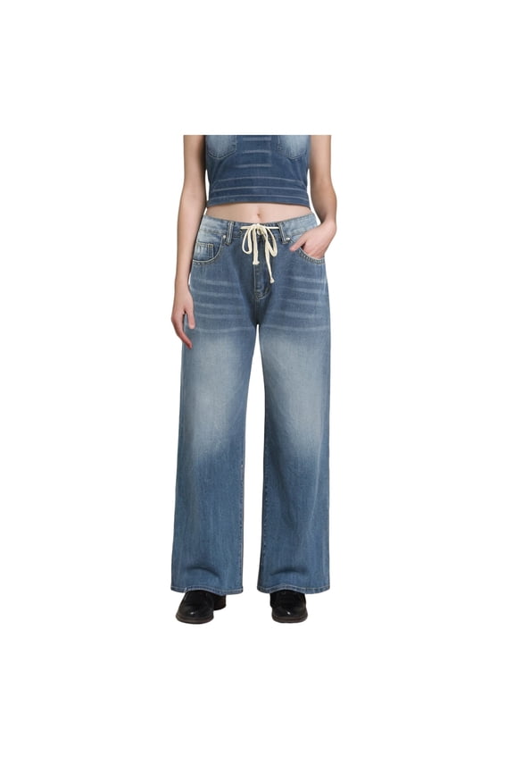 Womens Baggy Wide Leg Jeans Boyfriend Drawstring High Waisted Pull on Denim Pants(Blue,L)