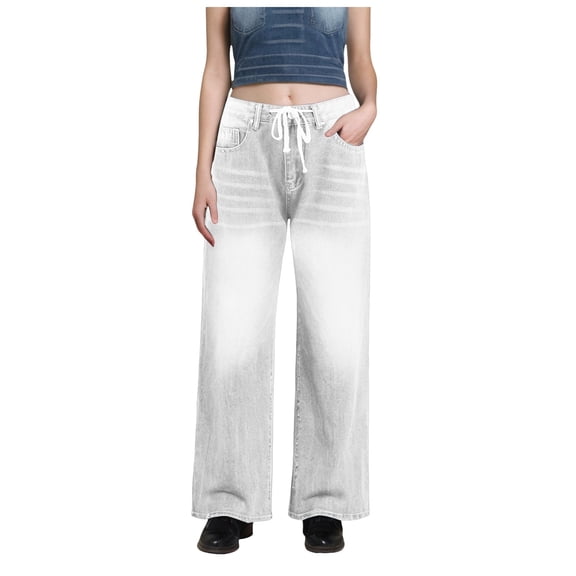 Mepaouo Womens Baggy Wide Leg Jeans Boyfriend Drawstring High Waisted Pull on Denim Pants(White,S)