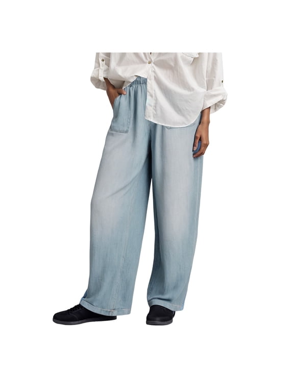 Womens Baggy Wide Leg Jeans High Waisted Drawstring Palazzo Denim Pants with Pockets(Blue,M)