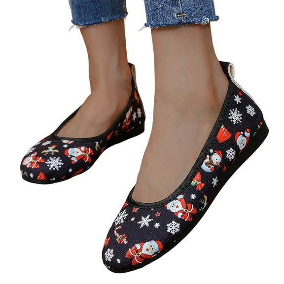 Mepaouo Womens Ballet Flats Shoes Xmas Santa Round Toe Slip on Casual Walking Loafer Shoes(Black,6.5)