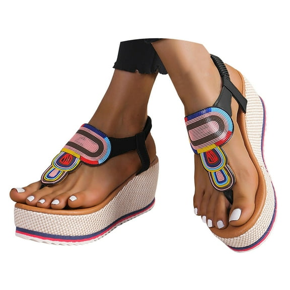 Mepaouo Womens Bohemian Wedge Sandals Elastic Ankle Strap Platform Shoes Vintage Summer Casual Sandal