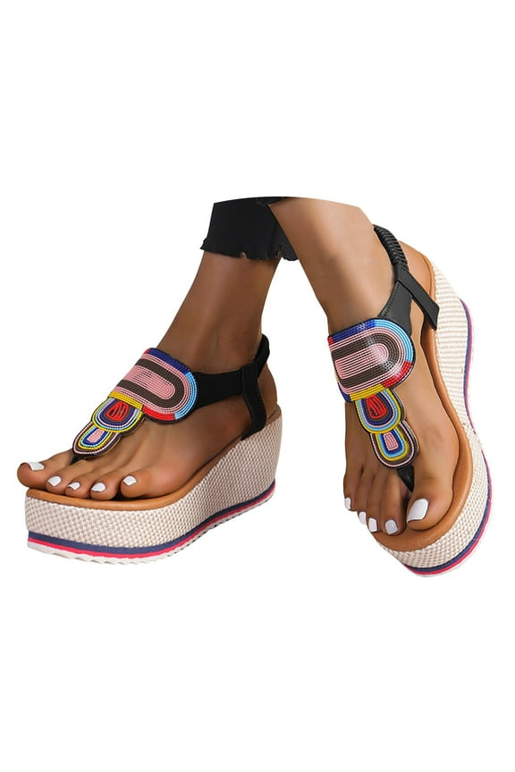 Womens Bohemian Wedge Sandals Elastic Ankle Strap Platform Shoes Vintage Summer Casual Sandal