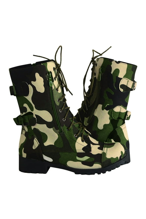 Womens Camouflage Combat Boots Round Toe Military Lace up Zipper Walking Riding Booties