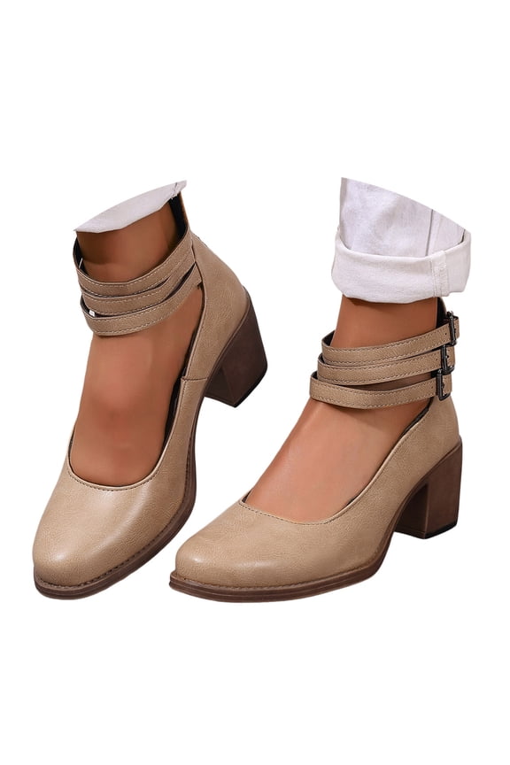 Womens Chunky Heels Closed Round Toe Pumps Ankle Strap Vintage D'Orsay Dress Party Shoes
