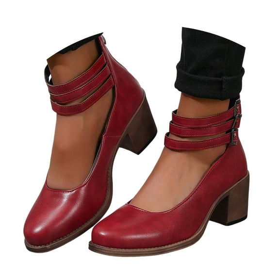 Mepaouo Womens Chunky Heels Closed Round Toe Pumps Ankle Strap Vintage D'Orsay Dress Party Shoes