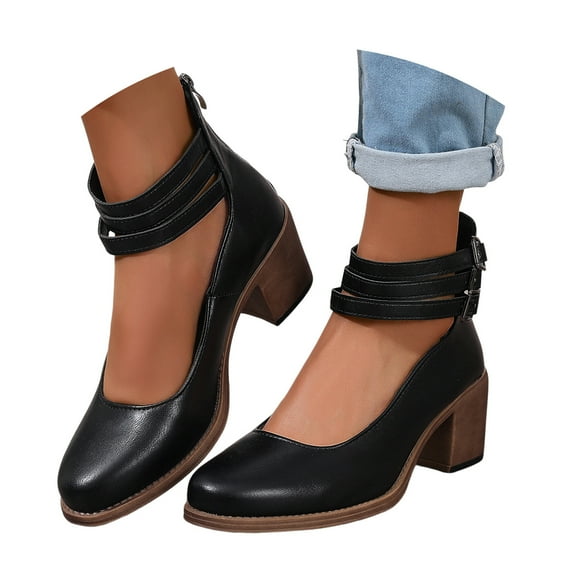 Mepaouo Womens Chunky Heels Closed Round Toe Pumps Ankle Strap Vintage D'Orsay Dress Party Shoes