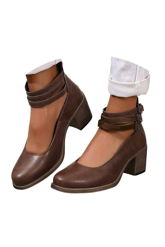 Womens Chunky Heels Closed Round Toe Pumps Ankle Strap Vintage D'Orsay Dress Party Shoes