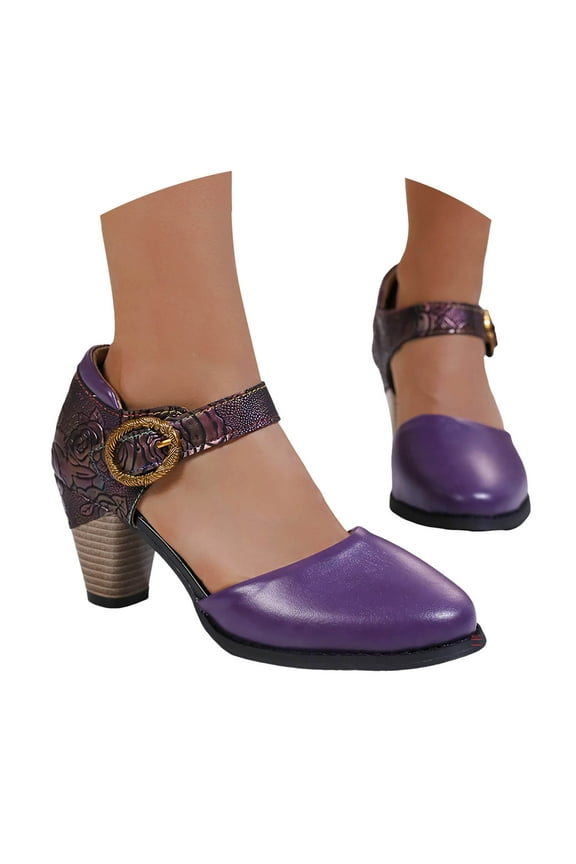 Womens Chunky High Heels Closed Round Toe Ankle Strap Pumps Vintage D'Orsay Party Dress Shoes