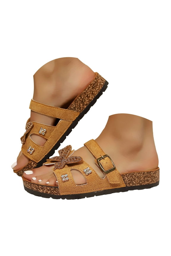 Womens Cork Footbed Sandals Butterfly Slip on Summer Slides Chunky Platform Wedge Walking Shoes