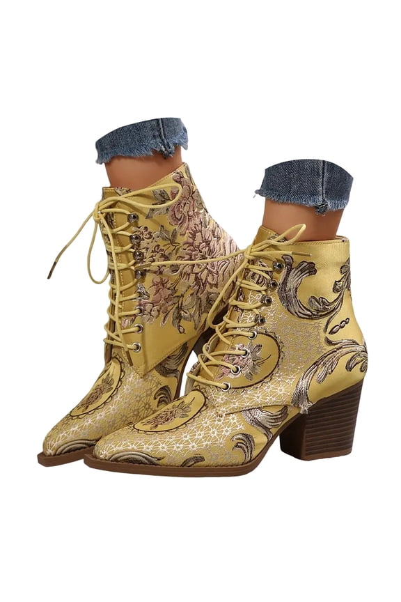 Womens Cowboy Boots Vintage Floral Embroidered Ankle Booties Block Heel Lace up Western Chelsea Shoes