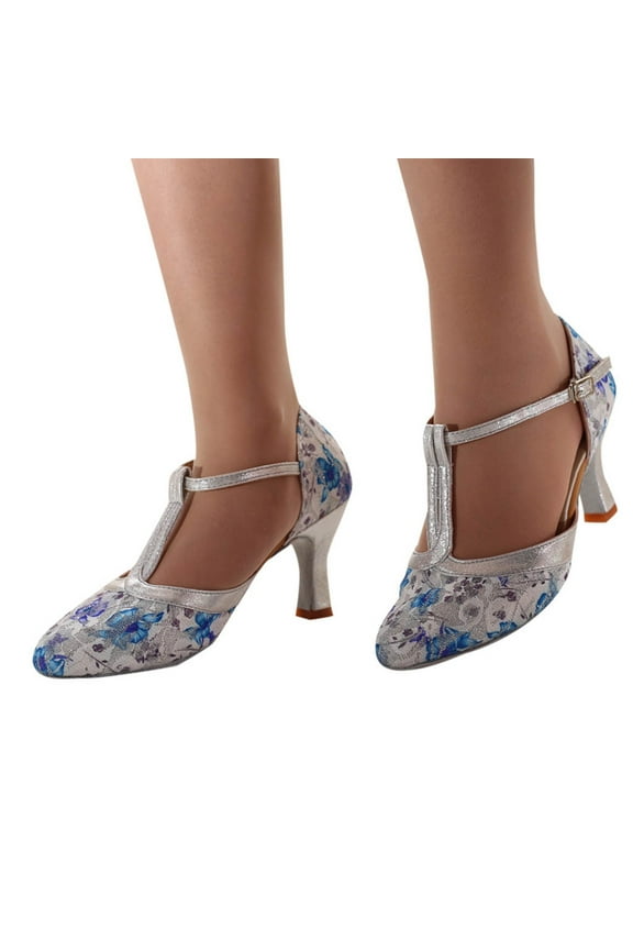 Womens Dance Shoes Round Toe T Strap Kitten Heels Floral Print Evening Prom Dress Shoes