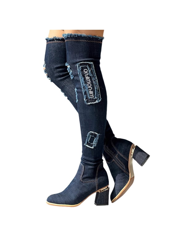 Womens Denim Over the Knee Thigh High Boots Heel Retro Long Stretch Sexy Fall Boots(Blue,8)