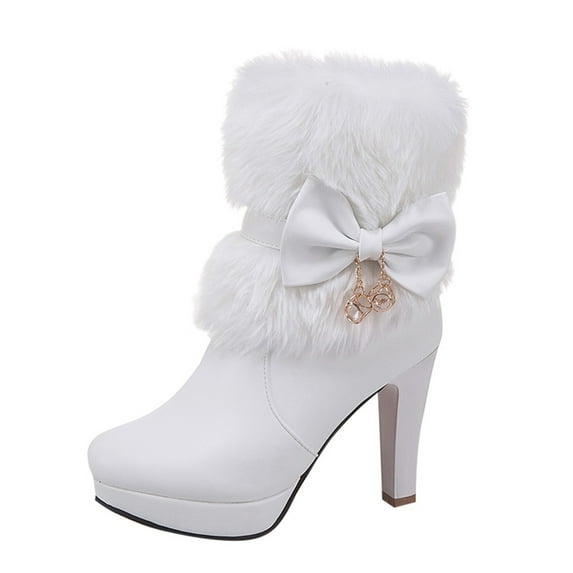Mepaouo Womens Dress Ankle Boots Elegant Plush Heel Platform Formal Prom Heels Booties(White,9)