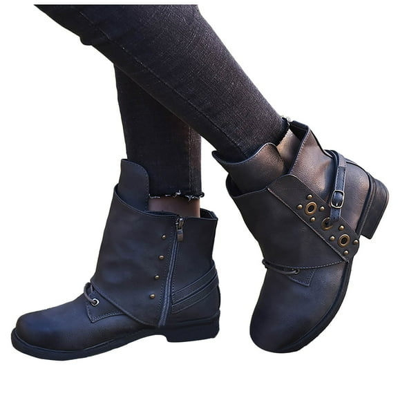 Mepaouo Womens Fashion Ankle Boots Leather Buckle Square Toe Riding Walking Short Booties for Women