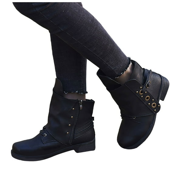 Mepaouo Womens Fashion Ankle Boots Leather Buckle Square Toe Riding Walking Short Booties for Women